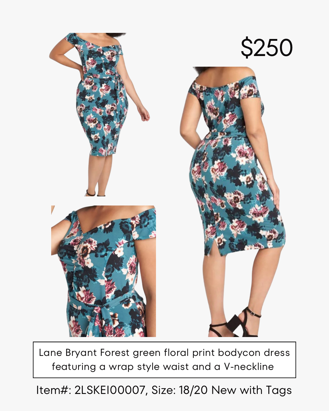Lane Bryant forest green, floral print, bodycon dress