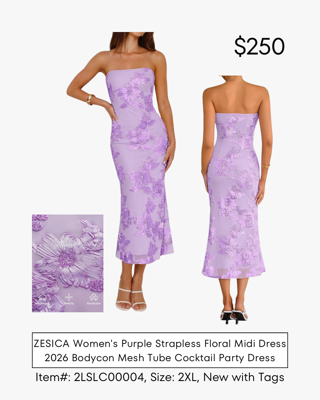 Purple strapless, floral bodycon midi dress