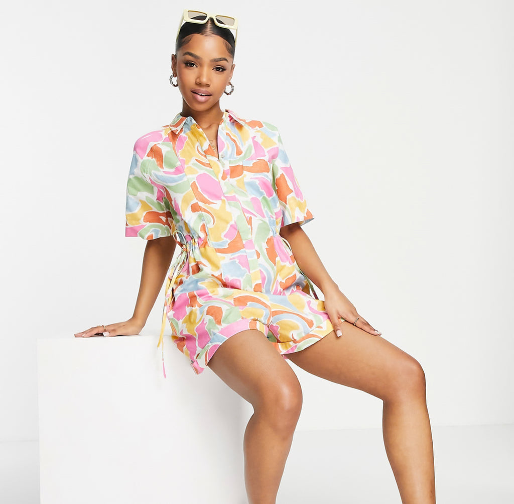 ASOS DESIGN short sleeve tie waist romper in marble print