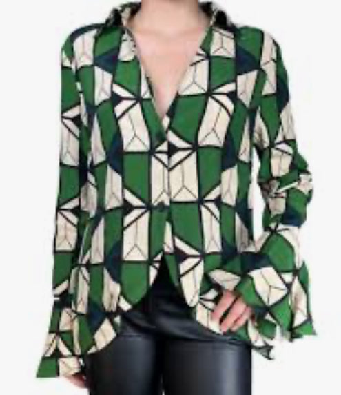 Zara, Green and cream geometric-print long-sleeve blouse