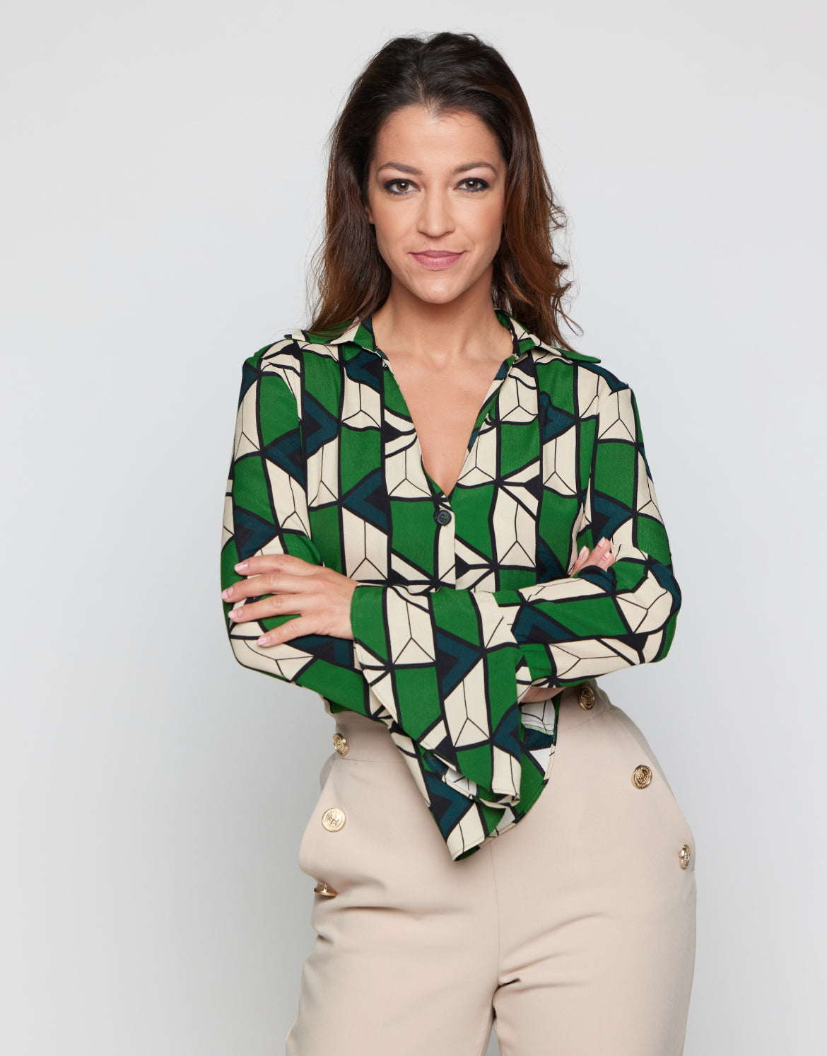 Zara, Green and cream geometric-print long-sleeve blouse