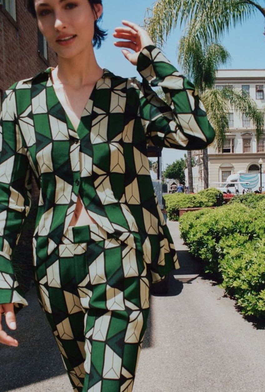Zara, Green and cream geometric-print long-sleeve blouse