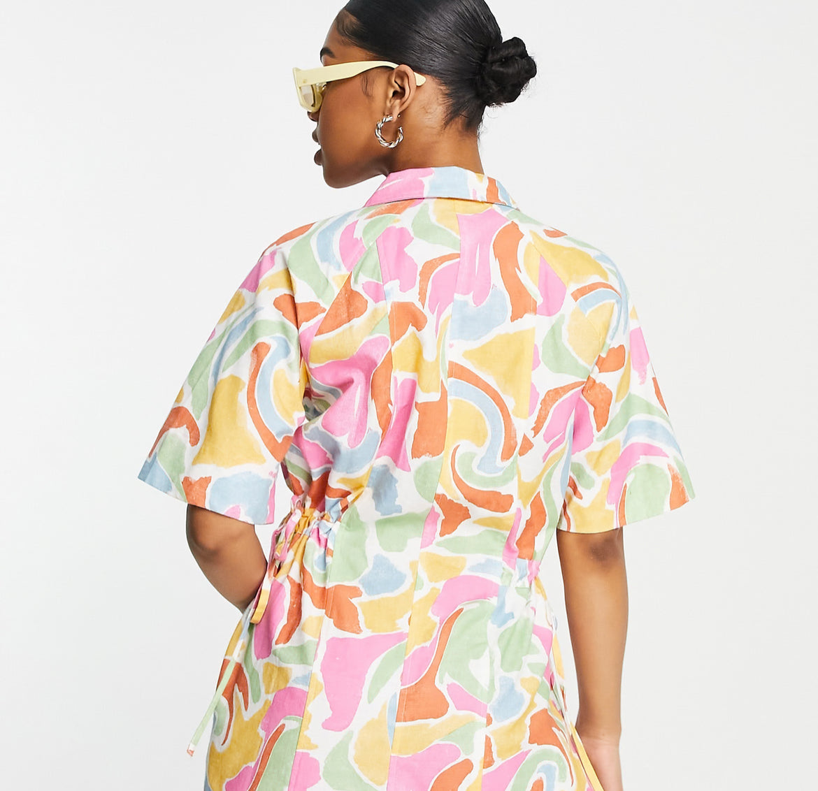 ASOS DESIGN short sleeve tie waist romper in marble print