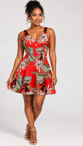 Orange, tropical print, fit & flare short dress